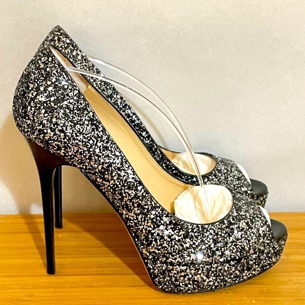 Jimmy Choo Dhalia stilleto pumps 120mm platform black silver chunky glitter 38.5